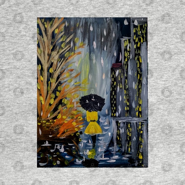 Lady enjoying walking through the city at night while it's raining. by kkartwork